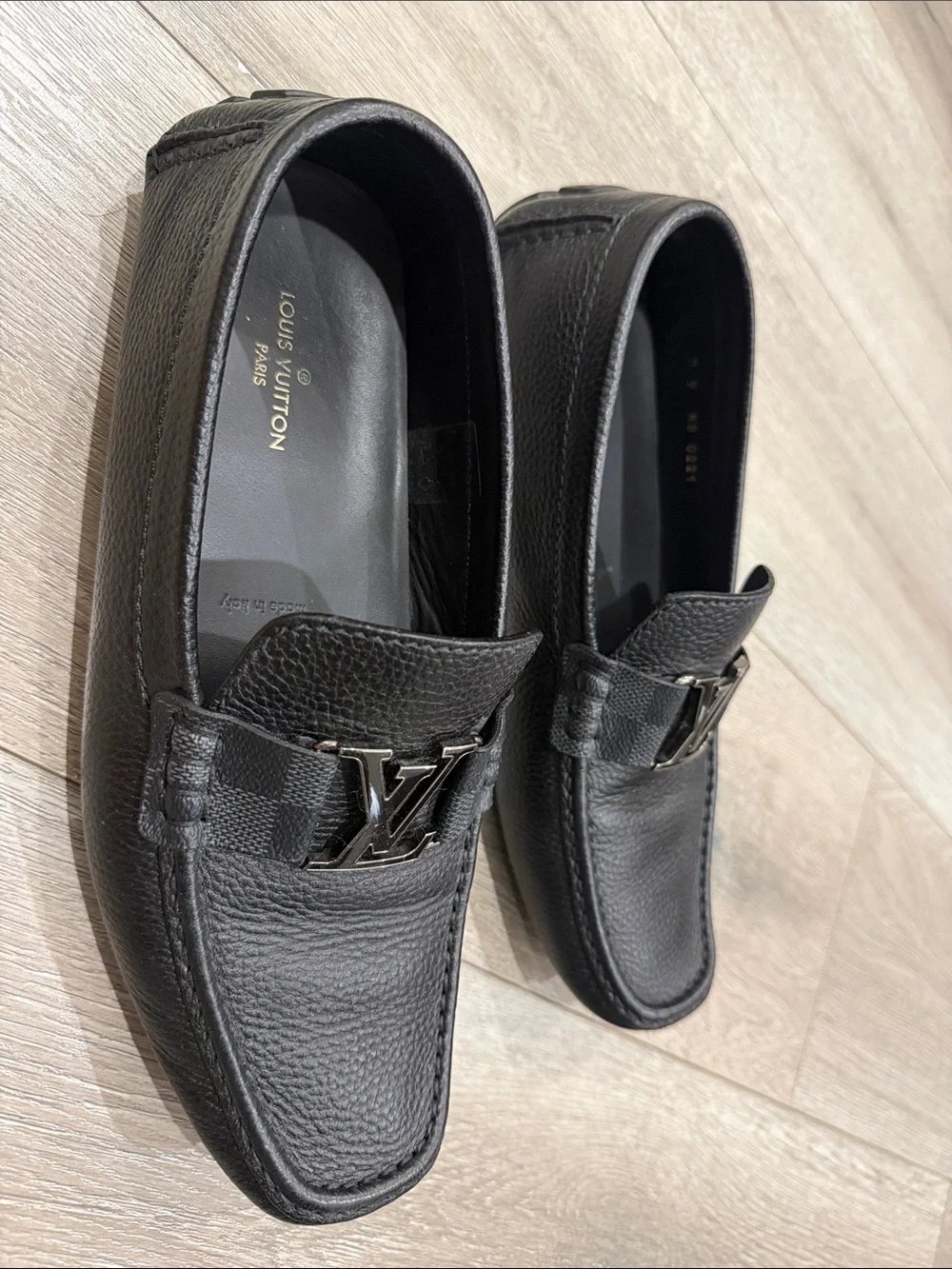 Louis Vuitton Black Pebbled Leather LV Buckle Slip-On Loafers